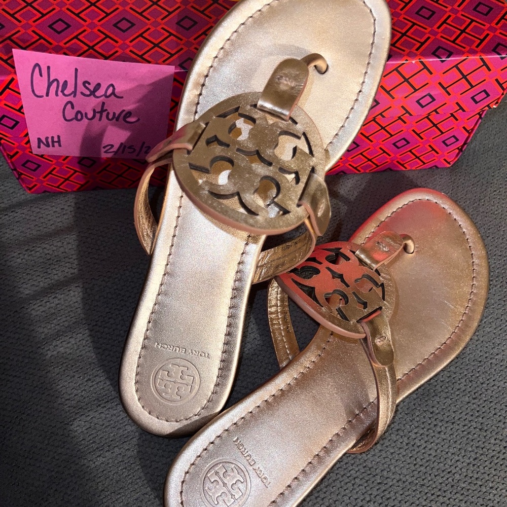Rose Gold Metallic Tory Burch Miller Leather Sandals
